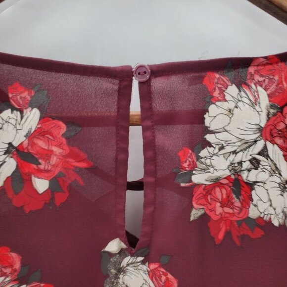 Maurices Womens Floral Semi-Sheer Tunic Top Sz 0 V-Neck Maroon Red Long Sleeve - Picture 6 of 11